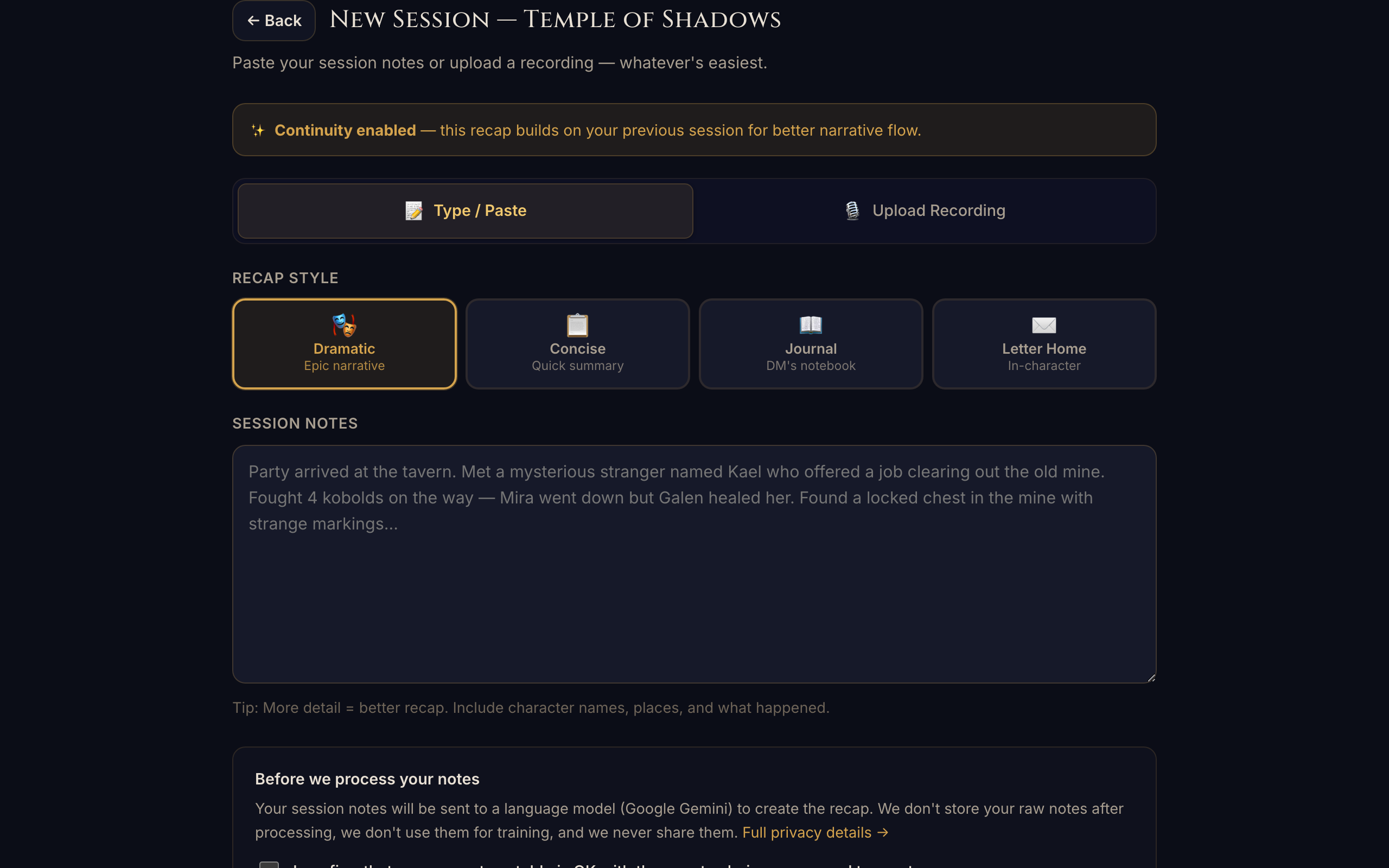 Recap style picker showing Dramatic, Concise, Journal, and Bullet Log options