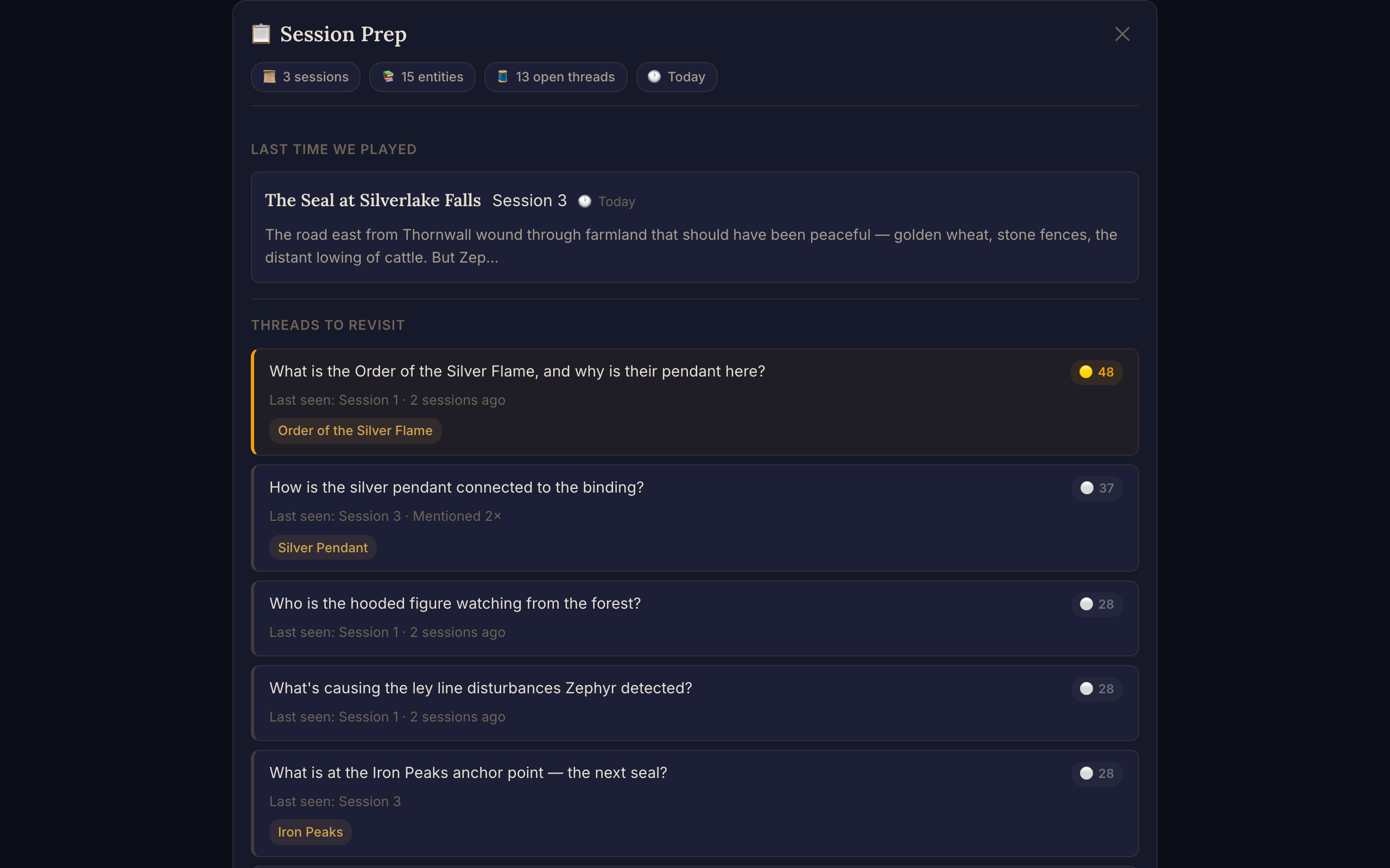 Session Prep dashboard with prioritized threads and entities